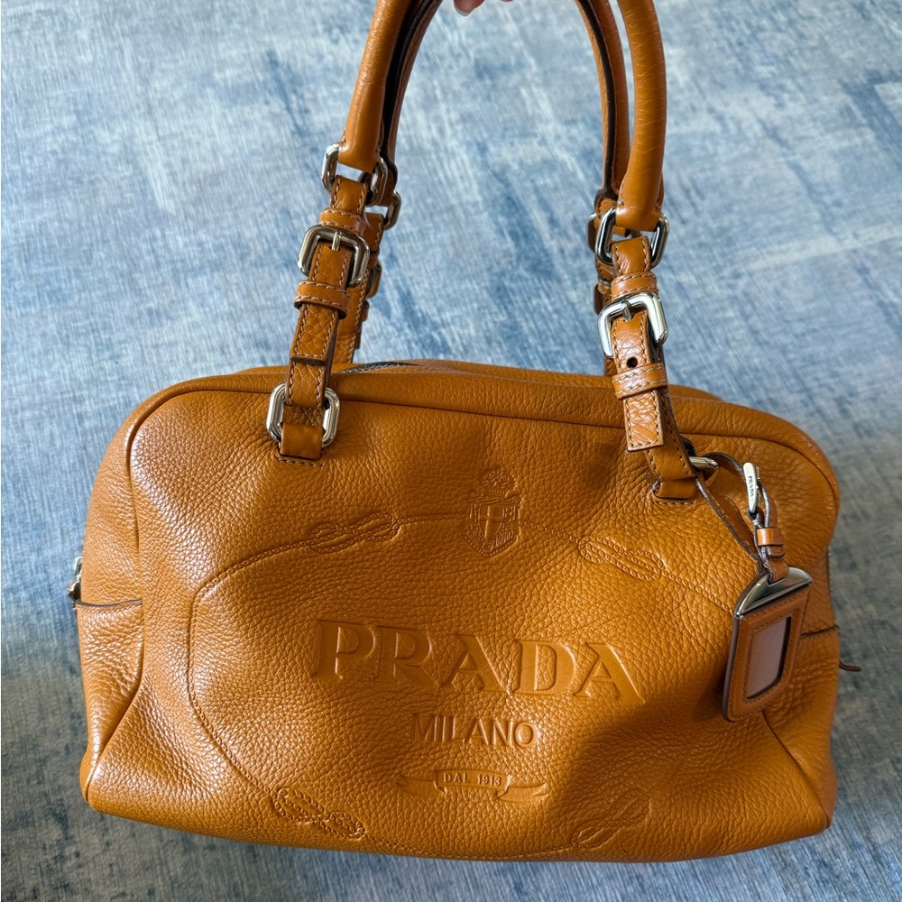 Prada Ambra Vitello Daino Print Leather Medium Bauletto Bag BR3106 - Caramel Tan